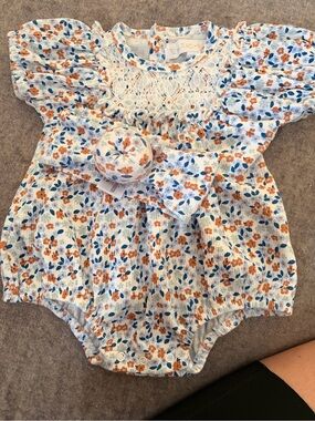 Rachel Zoe White Floral Bubble Romper with Orange and Blue Flowers